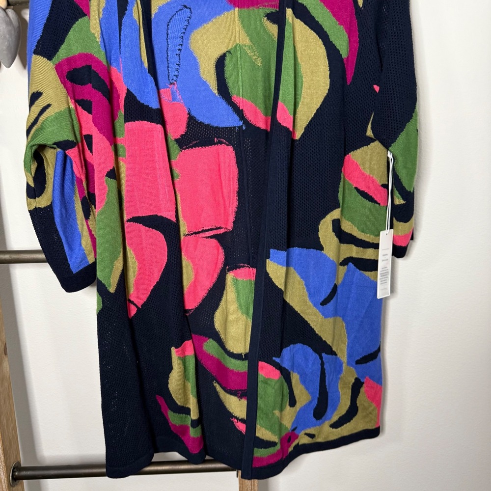 Chicos Abstract Floral Print Duster Cardigan Navy Blue Pink Green Size Small - Picture 4 of 10